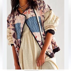 Free People Cream and Blue Bomber Jacket with Modern Patchwork Design